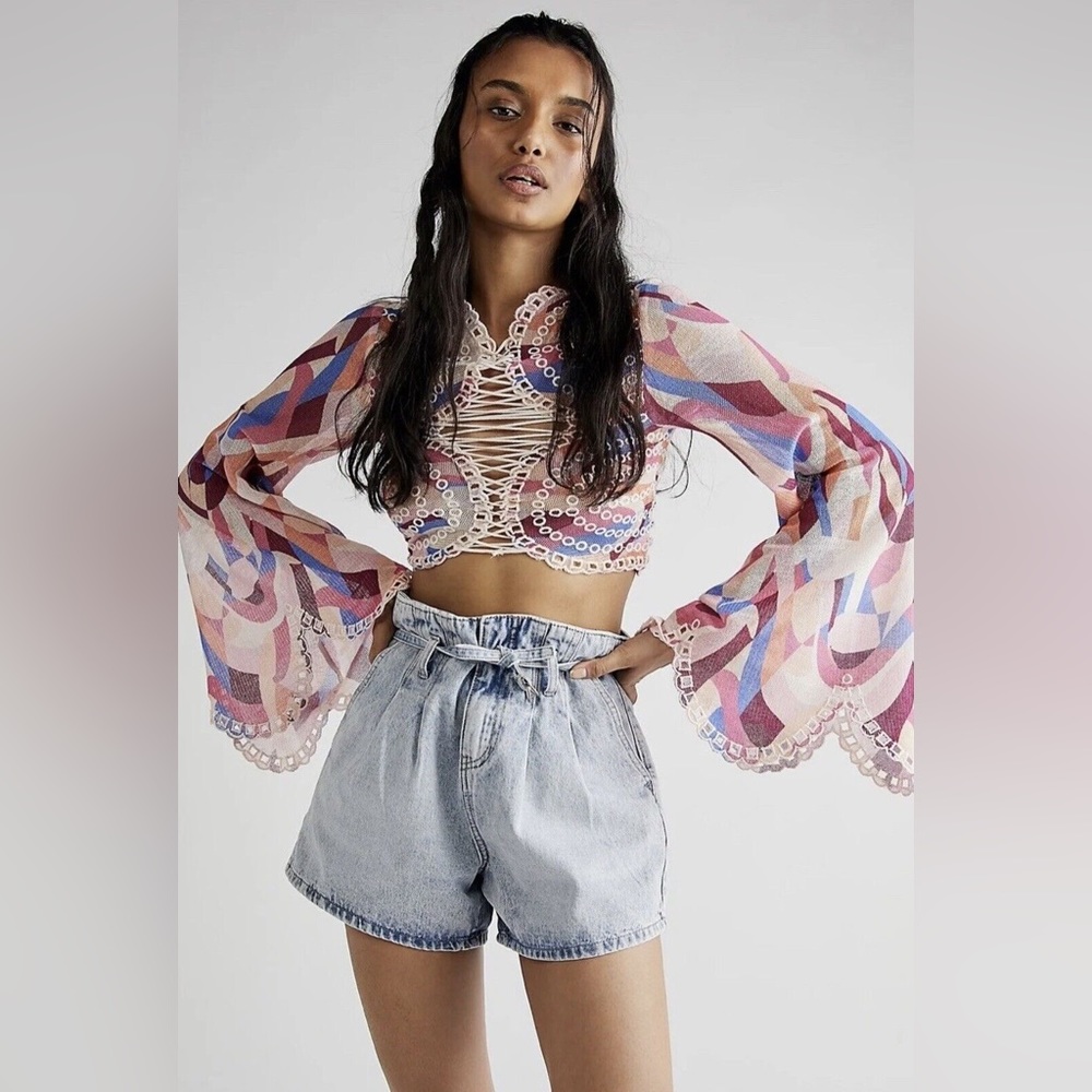 𝓯𝓹 Free People ~ Eyes on You Bell Sleeve Eyelet Mesh Crop Top - Picture 1 of 13